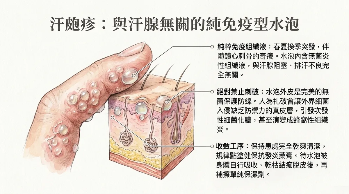 汗皰疹病理結構圖：微距解剖呈現手指表皮內富含無菌炎性組織液之密集小水泡，證實其與汗腺導管阻塞無關，並強調禁止扎破以免細菌侵入真皮層化膿之換藥工序