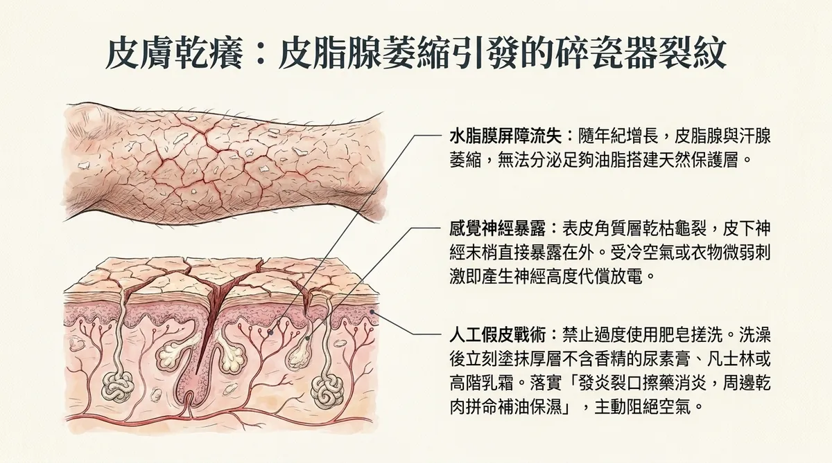 缺脂性濕疹皮膚裂紋圖：呈現老年或乾旱環境下皮脂腺萎縮、表皮角質層乾枯龜裂、皮下感覺神經末梢暴露形變，以及補充高純度油膏進行人工假皮阻絕空氣之戰術示意