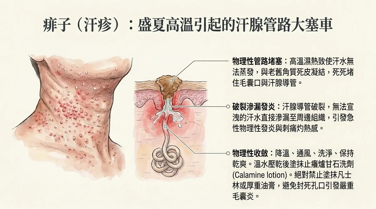 痱子汗疹病理導管圖：呈現高溫環境下汗腺導管遭死皮細胞死死堵塞、管壁破裂導致汗水滲漏至真皮組織，引發急性物理性刺痛小丘疹之病理工序示意圖