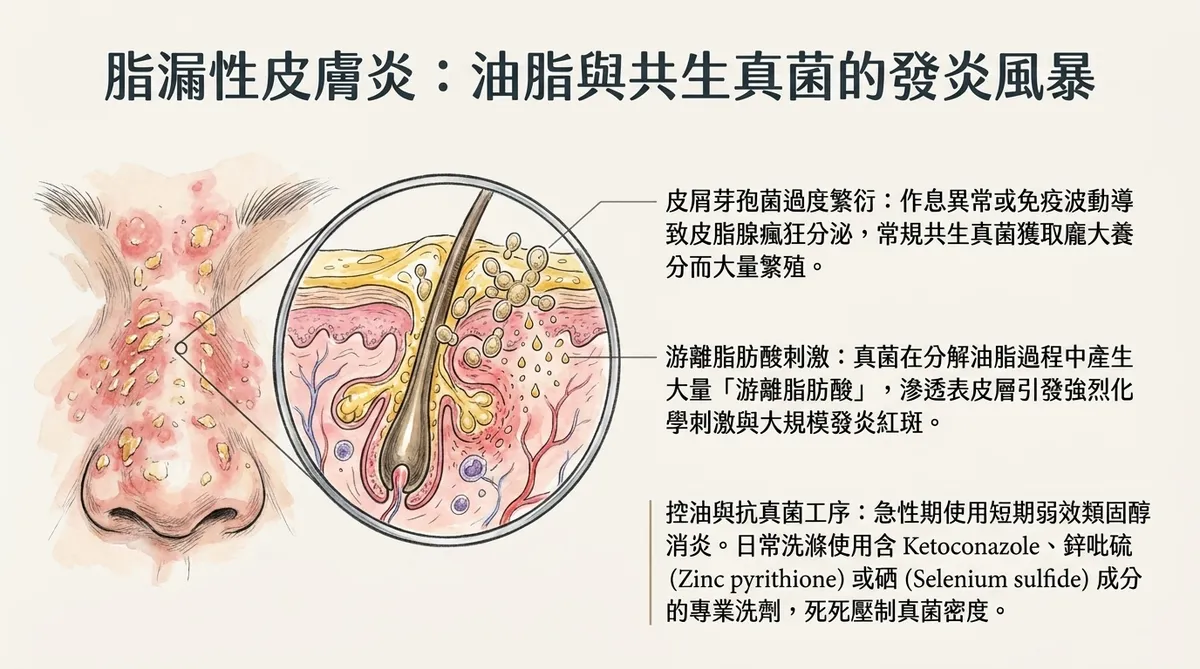 脂漏性皮膚炎真菌繁衍圖：解剖呈現面部毛囊皮脂腺瘋狂分泌油脂、導致皮屑芽孢菌過度繁衍並產生刺激性游離脂肪酸，引發表皮發紅斑塊與油膩鱗屑之發炎風暴