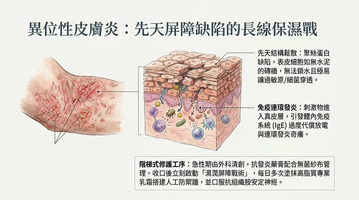 異位性皮膚炎聚絲蛋白缺陷圖：解剖呈現表皮細胞因先天聚絲蛋白缺失導致結構鬆散如無水泥之磚牆，水分蒸發且塵蟎細菌輕易穿透，引發體內IgE過度放電與慢性連環奇癢