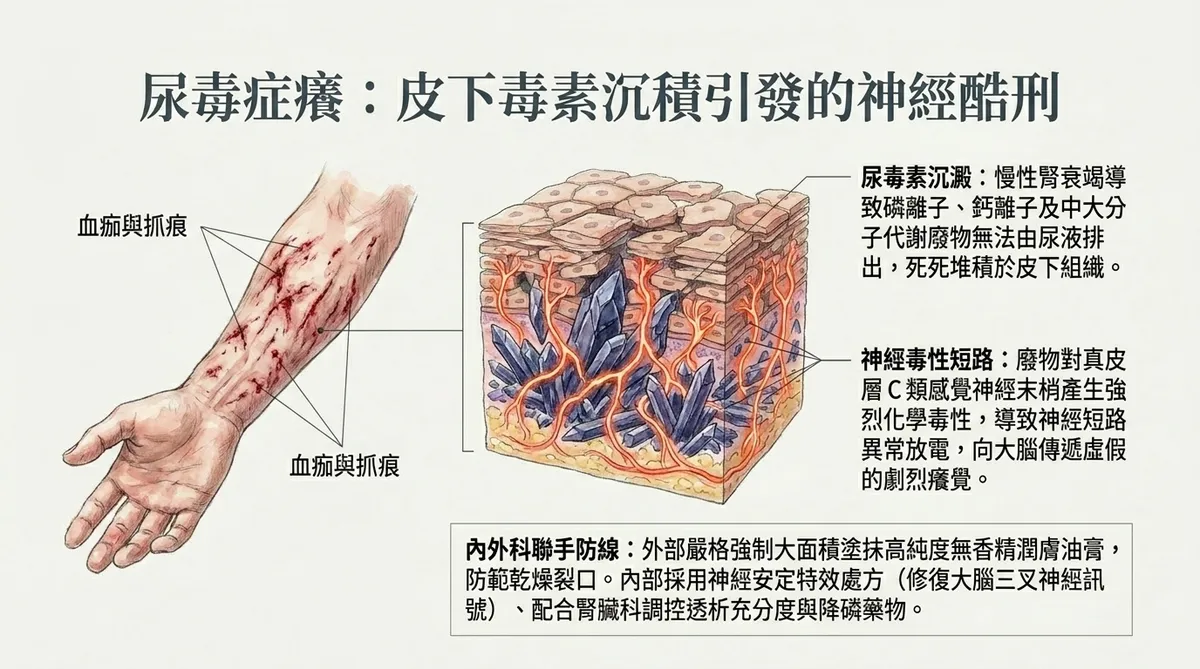 尿毒症癢皮下毒素沉澱圖：呈現慢性腎衰竭患者體內磷、鈣及尿毒素無法排出而沉積於皮下組織，產生異常毒性刺激並引發真皮層C類感覺神經末梢短路與異常放電病理特徵