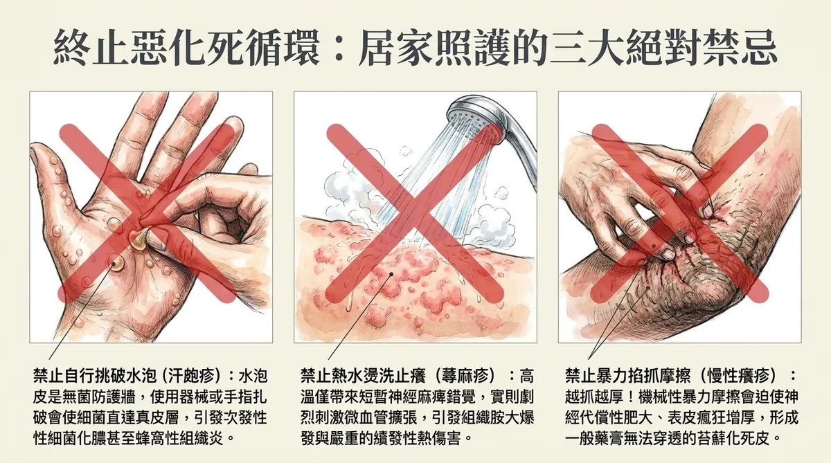 終止皮膚惡化死循環之居家照護三大絕對禁忌：鋼鐵禁止自行挑破汗皰疹水泡、鋼鐵禁止使用熱水燙洗急性蕁麻疹、鋼鐵禁止指甲暴力抓掐摩擦慢性苔蘚化癢疹衛教圖解