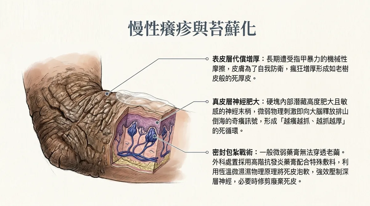 慢性癢疹與苔蘚化病理構造圖:呈現皮膚因反覆用力抓撓導致表皮層代償增厚如老樹皮、真皮層感覺神經肥大敏感,與門診採取密封包紮換藥軟化厚繭之衛教示意圖