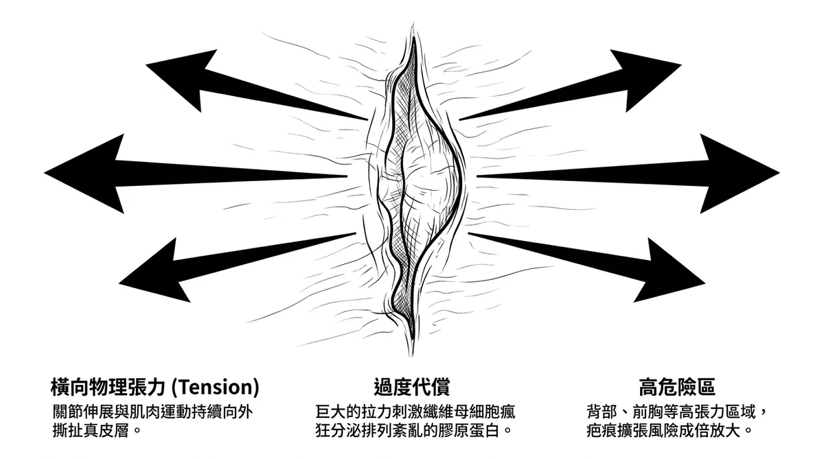 大彰化台中粉瘤美容縫合：日常肌肉運動橫向物理張力拉扯導致疤痕變寬肥厚示意圖