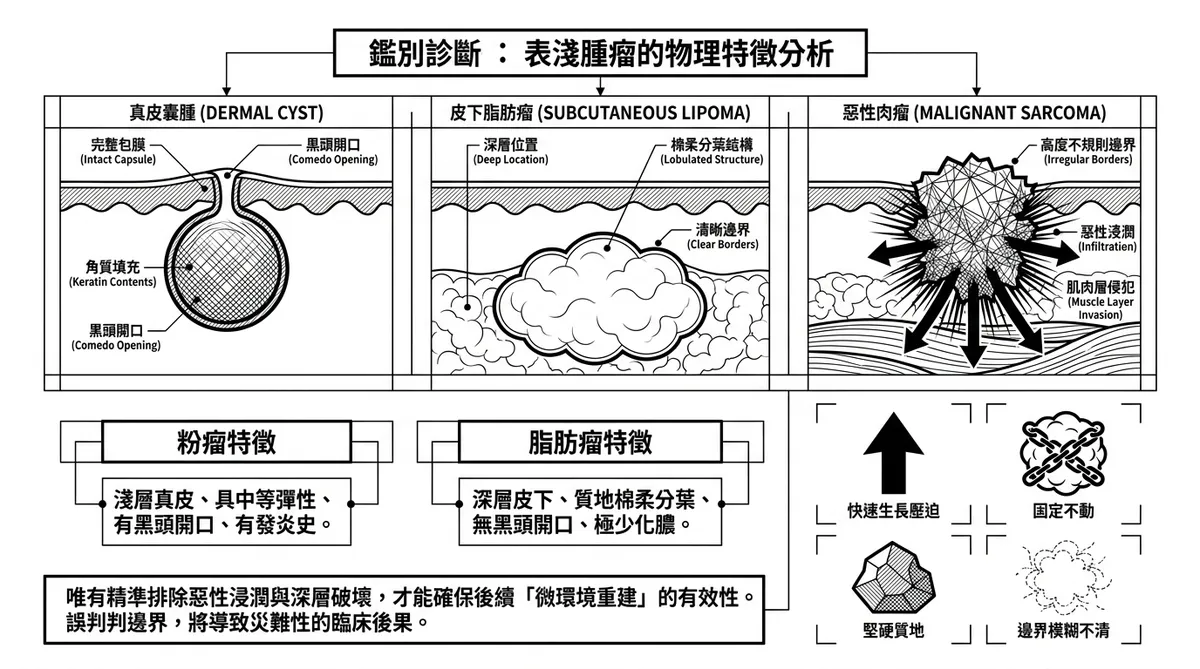 彰化台中皮膚腫瘤鑑別診斷：表皮囊腫、脂肪瘤與惡性肉瘤解剖層次對比圖
