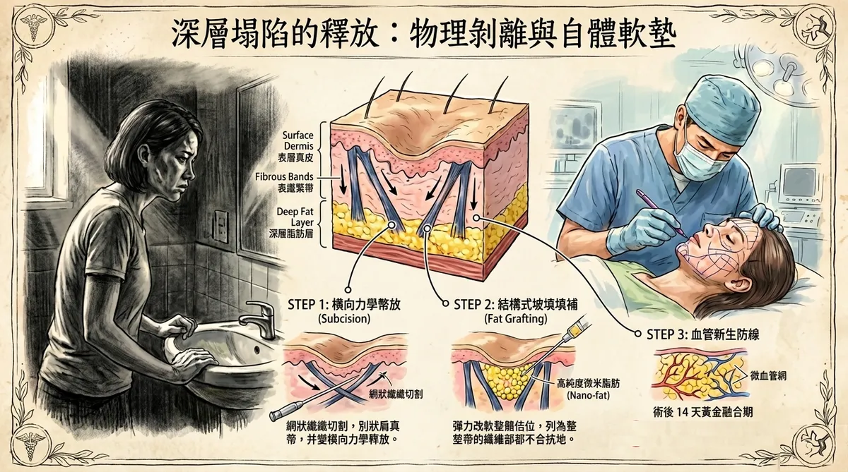 台中彰化自費痘疤補脂治療：整形外科醫師實施皮下剝離組織釋放與微創自體脂肪填充處置衛教示意圖
