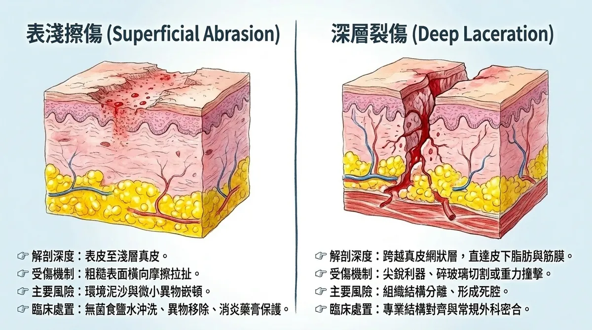 表淺擦傷與深層裂傷解剖深度對比