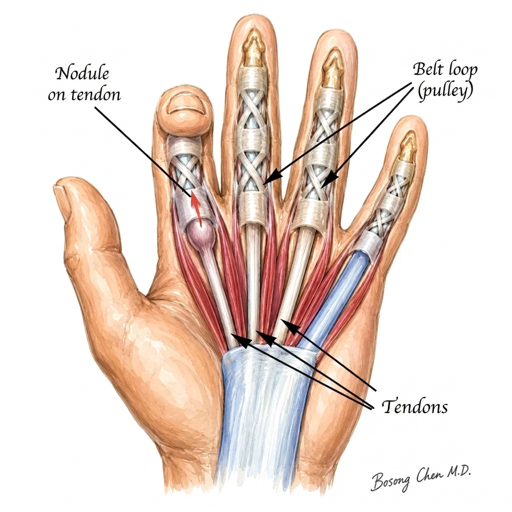 手掌解剖學示意圖:清晰標註指屈肌腱(Flexor tendons)、形同滑車環帶的 A1 滑車結構(Belt loop/pulley)以及肌腱上的病理性肥厚結節佔位(Nodule on tendon)