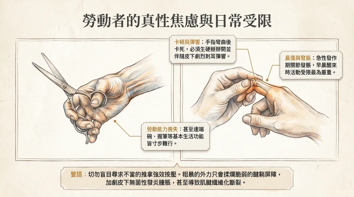 勞動者的真性焦慮與日常受限:美髮剪刀高頻抓握引發無菌性發炎、晨僵與發脹、卡頓與彈響,盲目推拿會揉爛脆弱腱鞘屏障