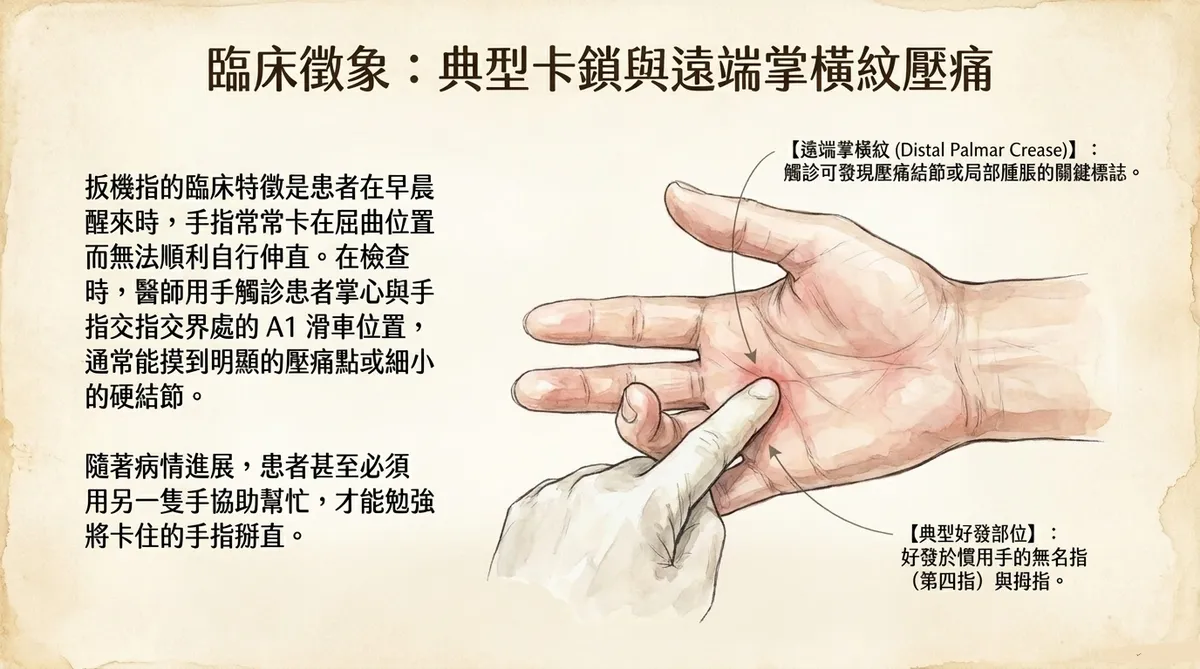 臨床徵象示意圖:典型卡鎖與遠端掌橫紋(Distal Palmar Crease)處壓痛,觸診可發現硬結節,典型好發於慣用手的無名指與拇指