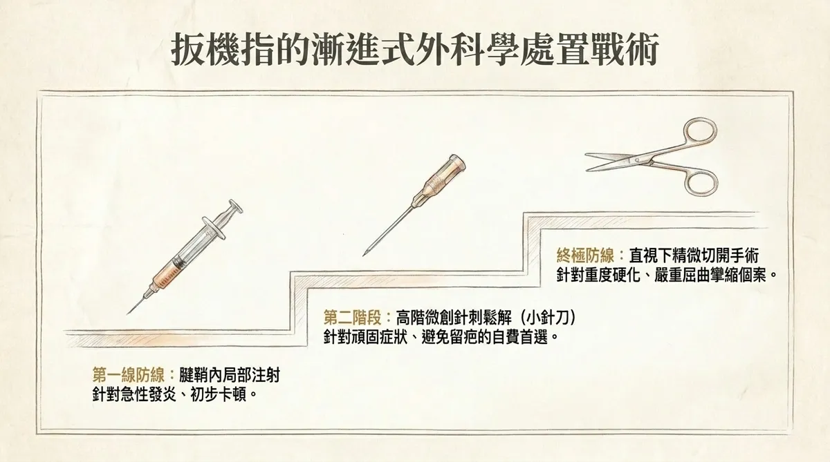 扳機指的漸進式外科學處置戰術:第一線防線腱鞘內局部注射、第二階段高階微創針刺鬆解(小針刀)、終極防線直視下精微切開手術