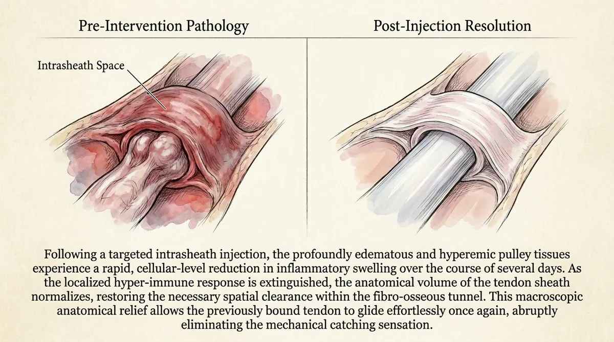 Pre-Intervention Pathology and Post-Injection Resolution: Cellular-level reduction in inflammatory swelling allows the bound tendon to glide effortlessly.
