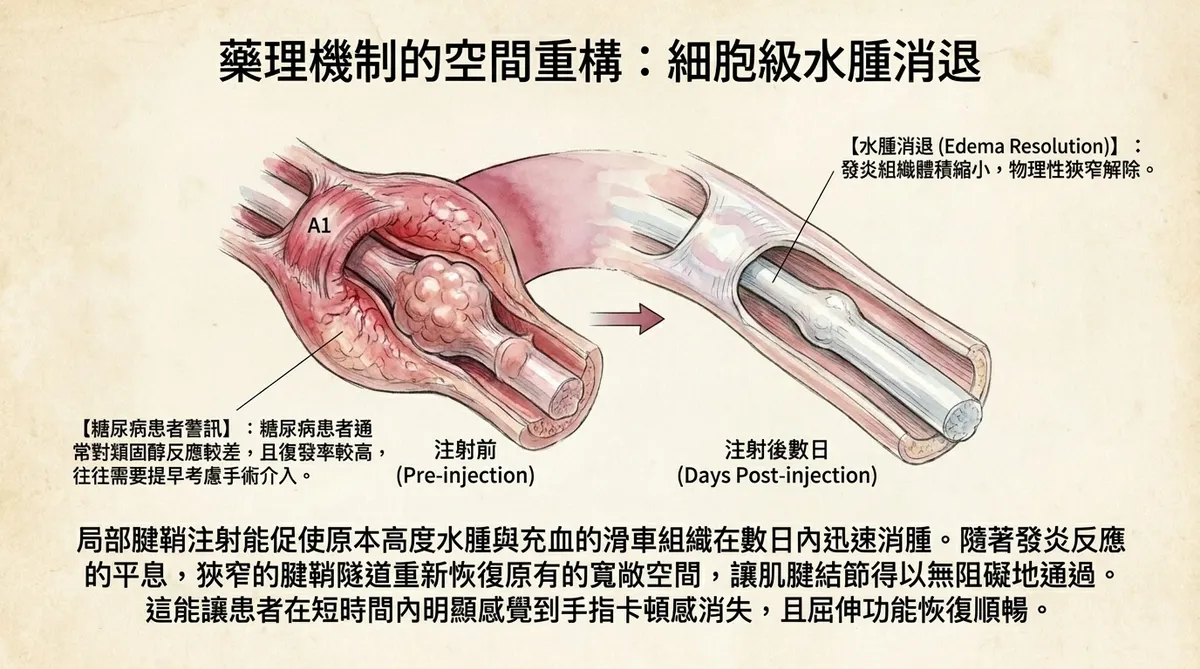 藥理機制的空間重構:細胞級水腫消退。對比注射前(Pre-injection)與注射後數日(Days Post-injection)寬敞的腱鞘隧道空間。特別標註糖尿病患者通常對類固醇反應較差且復發率高,需提早考慮手術。