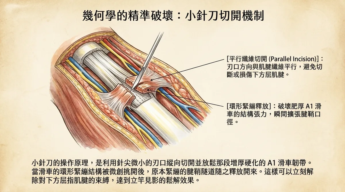 幾何學的精準破壞:小針刀切開機制。平行纖維切開(Parallel Incision)避免損傷下方屈肌腱,環形緊繃釋放破壞肥厚 A1 滑車結構張力。