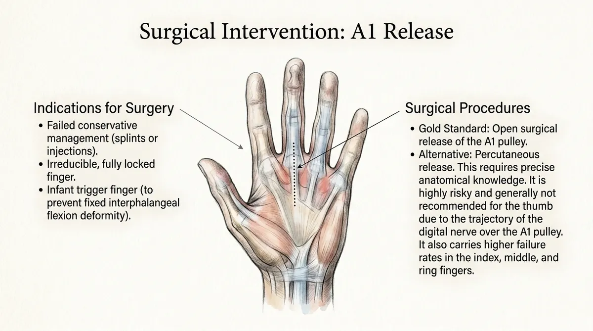Surgical Intervention: A1 Release. Indications for Surgery include failed conservative management and irreducible fully locked finger. Surgical Procedures outline the Gold Standard open release.
