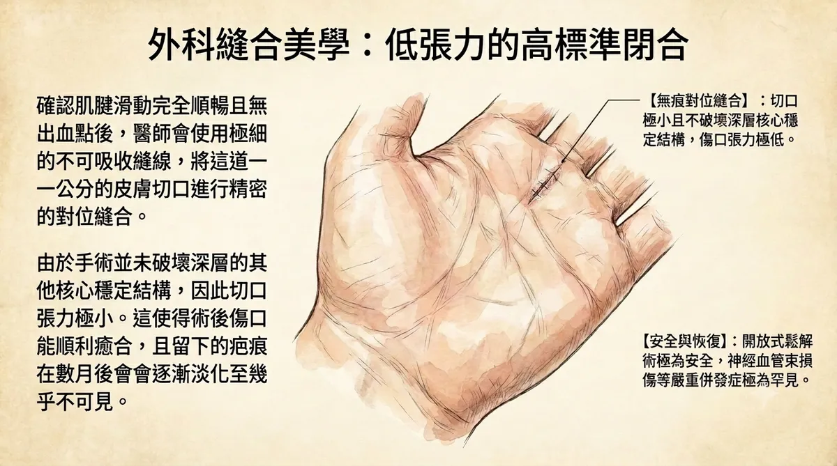 外科縫合美學:低張力的高標準閉合。確認肌腱滑動完全順暢無出血點後,利用極細不可吸收縫線進行無痕對位縫合,切口張力極小且安全性高。