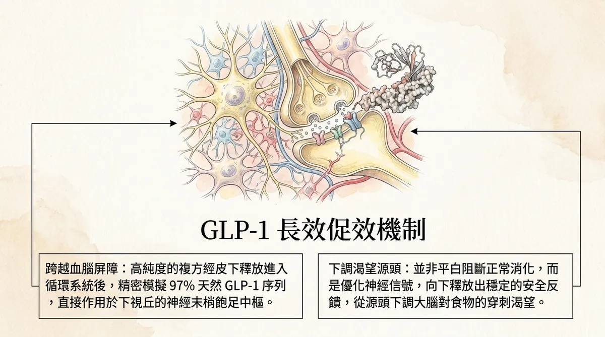 GLP-1長效促效機制圖解。詳細說明藥物如何跨越血腦屏障、精密模擬 97% 天然 GLP-1 序列作用於下視丘、下調渴望源頭並向下釋放穩定安全反饋的神經機制。