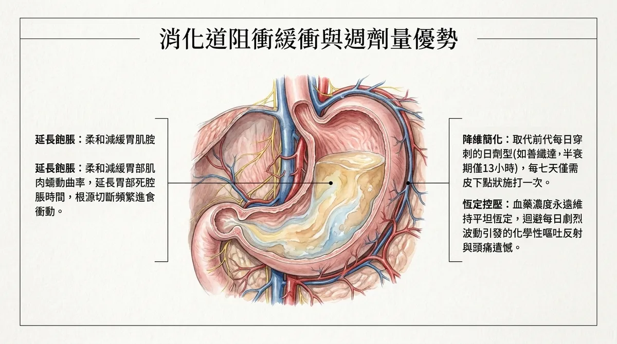 消化道阻衝緩衝與週劑量優勢圖解。展示藥物如何柔和減緩胃部肌肉蠕動、延長胃部飽脹感,並詳細對比前代每日穿刺的日劑型藥物,突顯每七天皮下施打一次、血藥濃度平坦恆定的優勢。