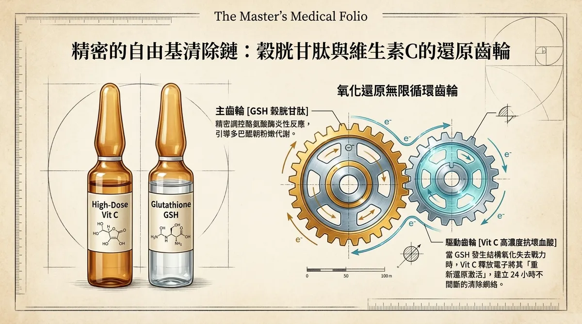 台中彰化美白點滴輸液：護理團隊實施診間嚴格無菌靜脈穿刺點點施打高劑量穀胱甘肽與維生素C抗氧化複方衛教示意圖