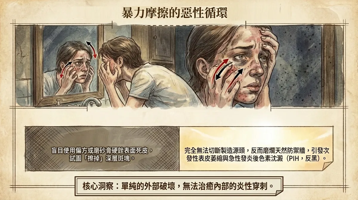 暴力摩擦的惡性循環圖:展示盲目使用磨砂膏硬銼表面死皮,導致表皮萎縮與急性發炎後色素沉澱(反黑),揭示單純外部破壞無法治療內部炎性穿刺的核心洞察