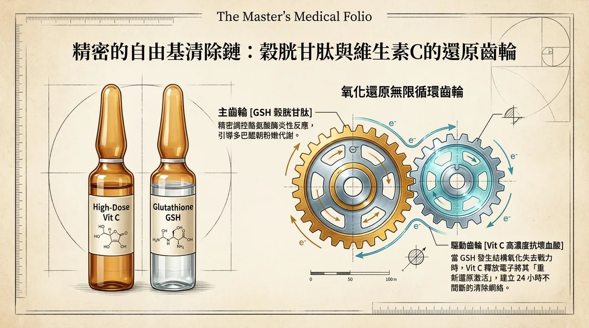 高劑量抗氧化輸液耗材圖:左側解說口服製劑遭胃酸強酸腐蝕與首渡效應過濾、九成以上失去活性的耗損;中央展示手動調配恆定滲透壓的平衡輸液袋,體現絕對生物滲透特徵