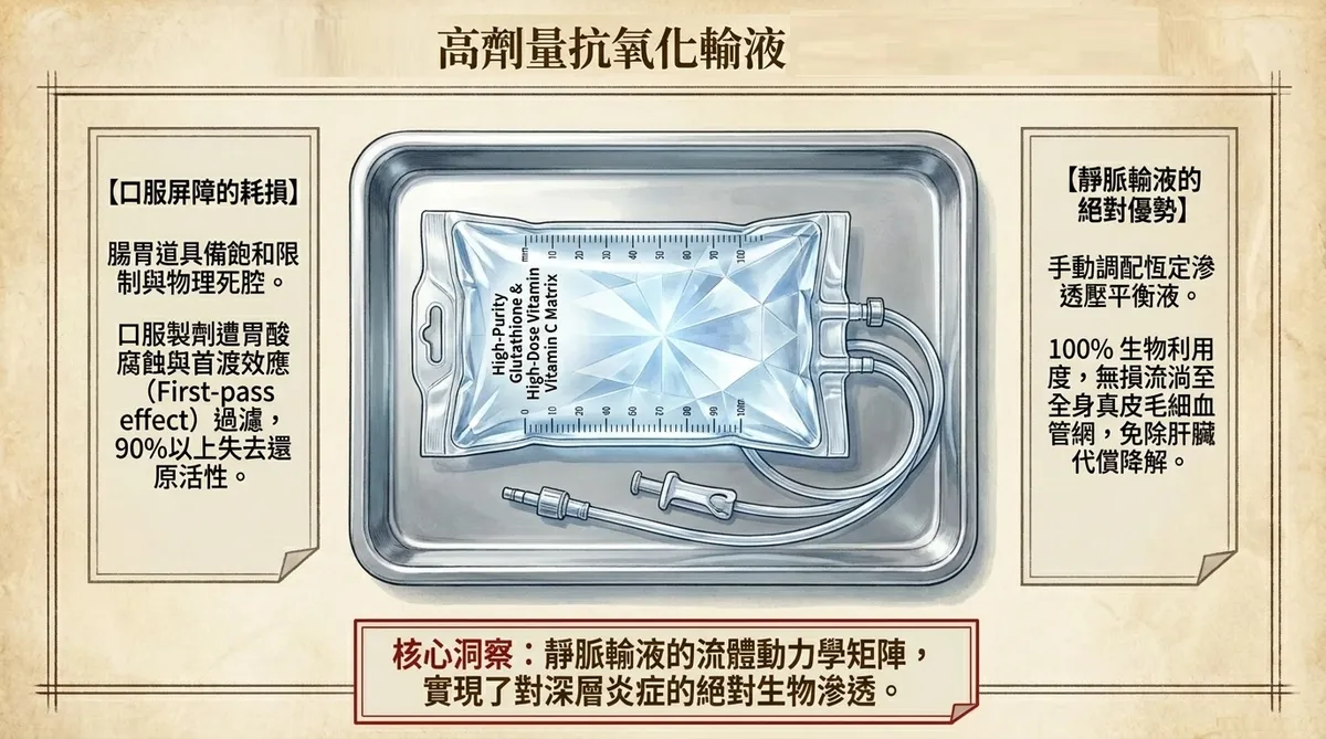 繞過吸收牆的流體動力學對比圖:清晰圖解點狀微創穿刺注入肘正中靜脈、恆定滲透壓平衡液循主動脈無損流淌、免除肝臟降解直達毛細血管網的無損管線動線