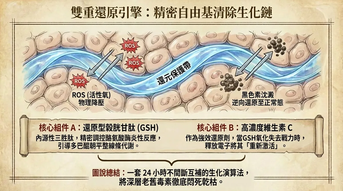 雙重還原引擎細胞微觀圖:詳細展現還原保護帶對活性氧(ROS)進行物理降壓,並將凝聚的黑色素沉澱逆向還原至正常狀態的細胞學分子機轉