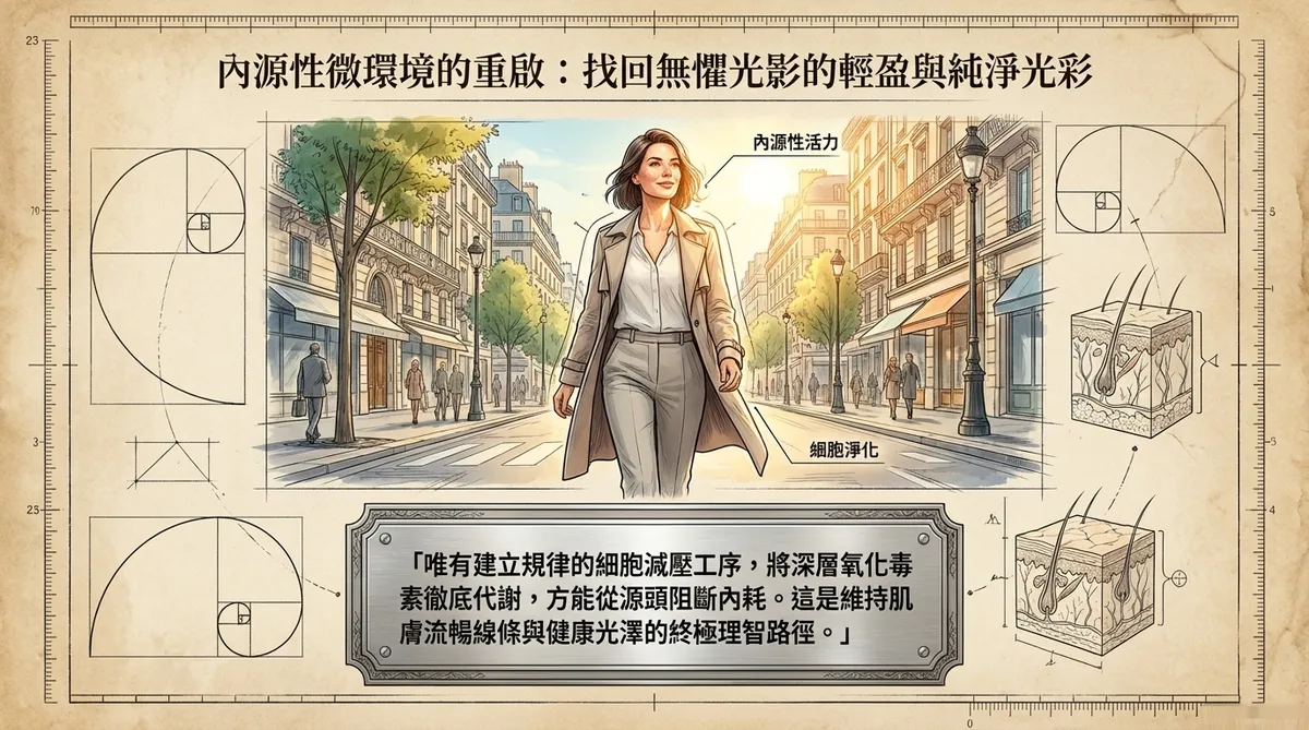內源性微環境重啟定型圖:展示女性在明亮街景中展現自信、輕盈與純淨光彩。說明建立規律細胞減壓工序以代謝深層氧化毒素,方能從源頭阻斷內耗、保全流暢平整健康線條的效果