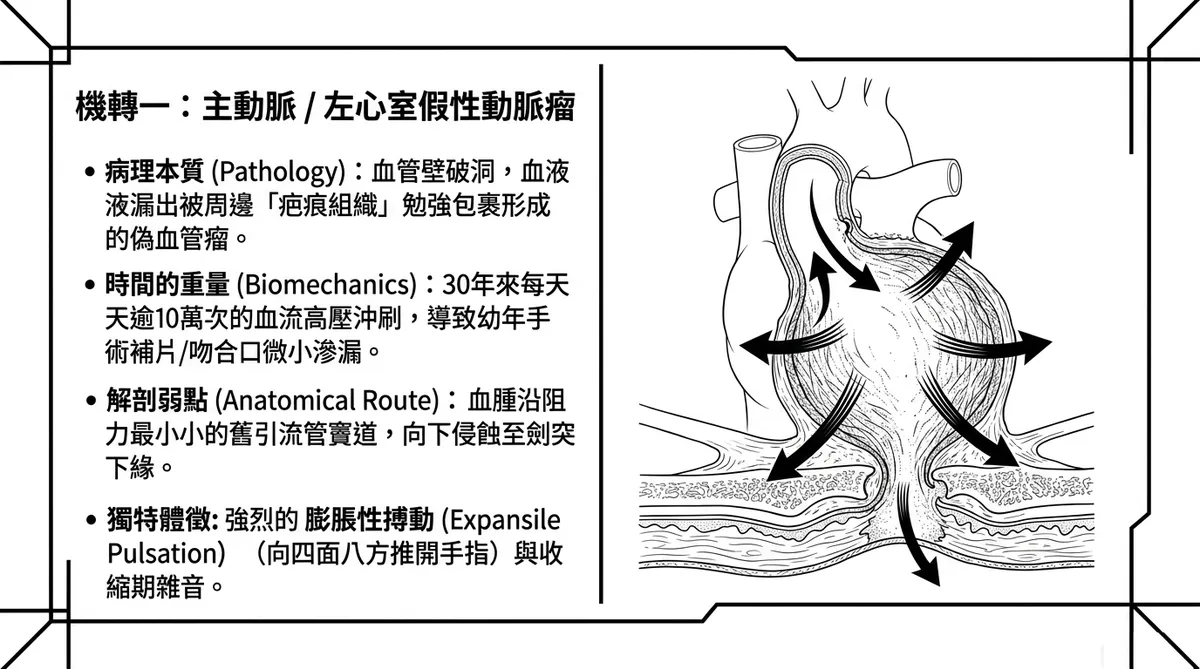 陳舊性大血管假性動脈瘤穿透胸骨侵蝕至皮下力學路徑示意圖