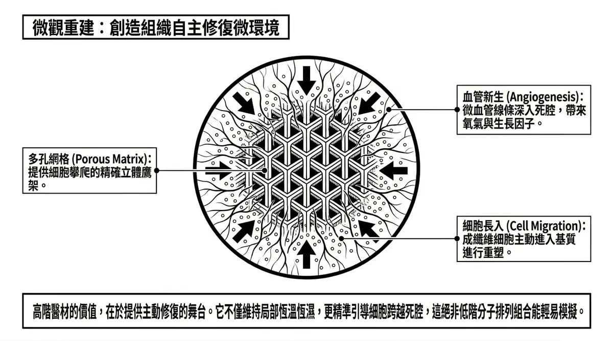 彰化台中粉瘤手術自費耗材：膠原蛋白再生材料引導自體血管與軟組織生長力學示意圖