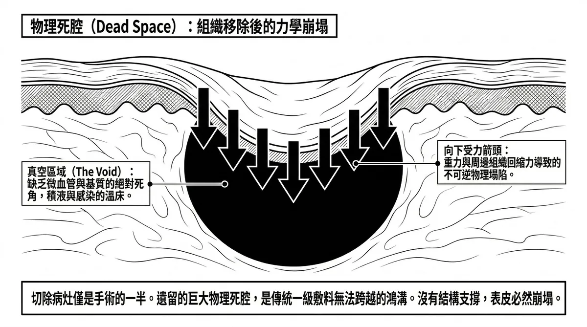 彰化台中粉瘤手術自費生醫材料：中大型背部囊腫切除後皮下死腔物理塌陷力學示意圖