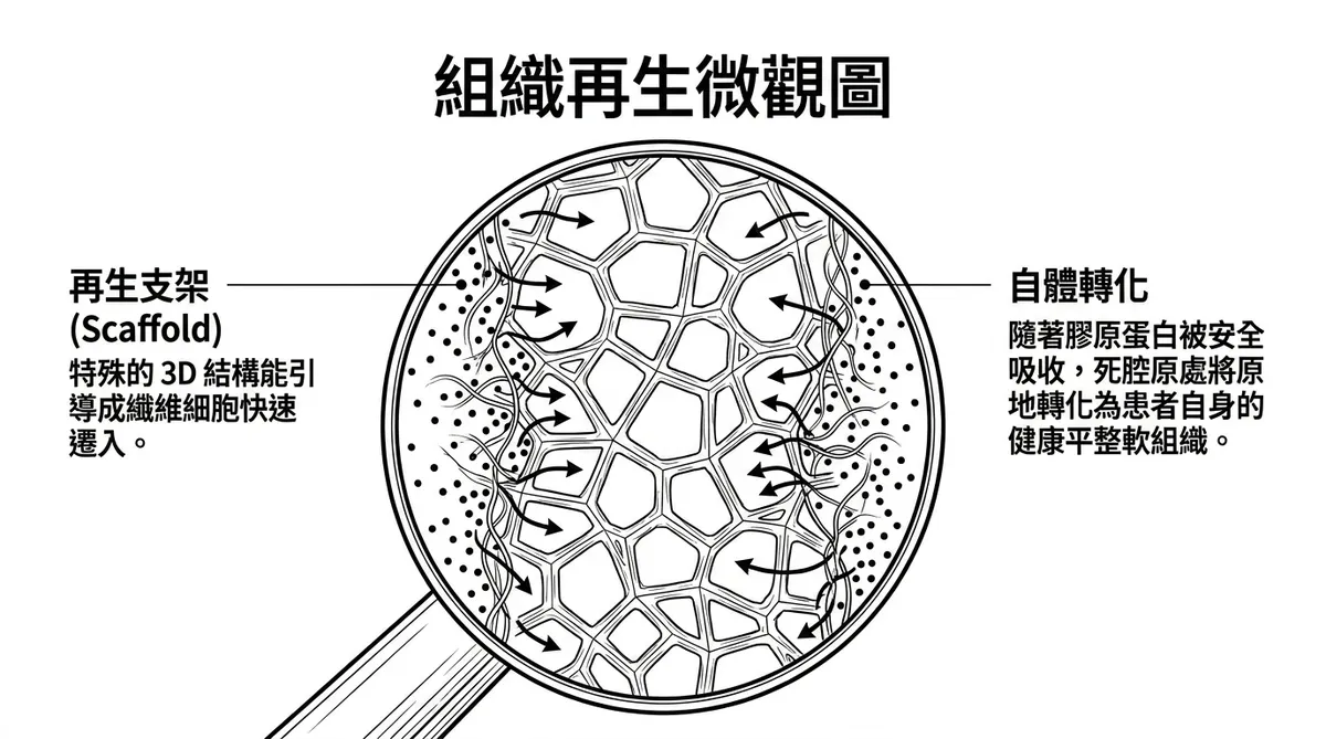 彰化台中粉瘤手術：生醫材料填補皮下死腔與分層減張縫合之雙重生物力學防線示意圖