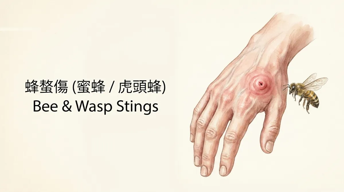 蜂螫傷臨床特徵與蜂針處置示意圖