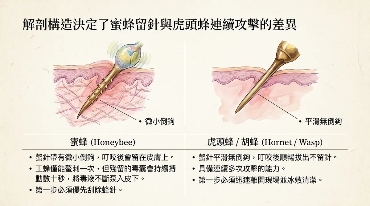 解剖構造決定了蜜蜂留針與虎頭蜂連續攻擊的差異