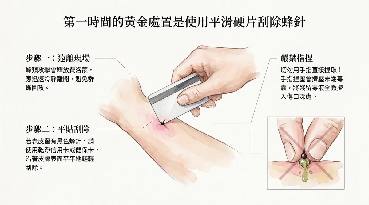 第一時間的黃金處置是使用平滑硬片刮除蜂針