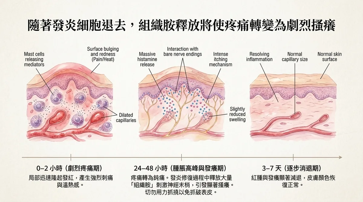 隨著發炎細胞退去,組織胺釋放將使疼痛轉變為劇烈騷癢