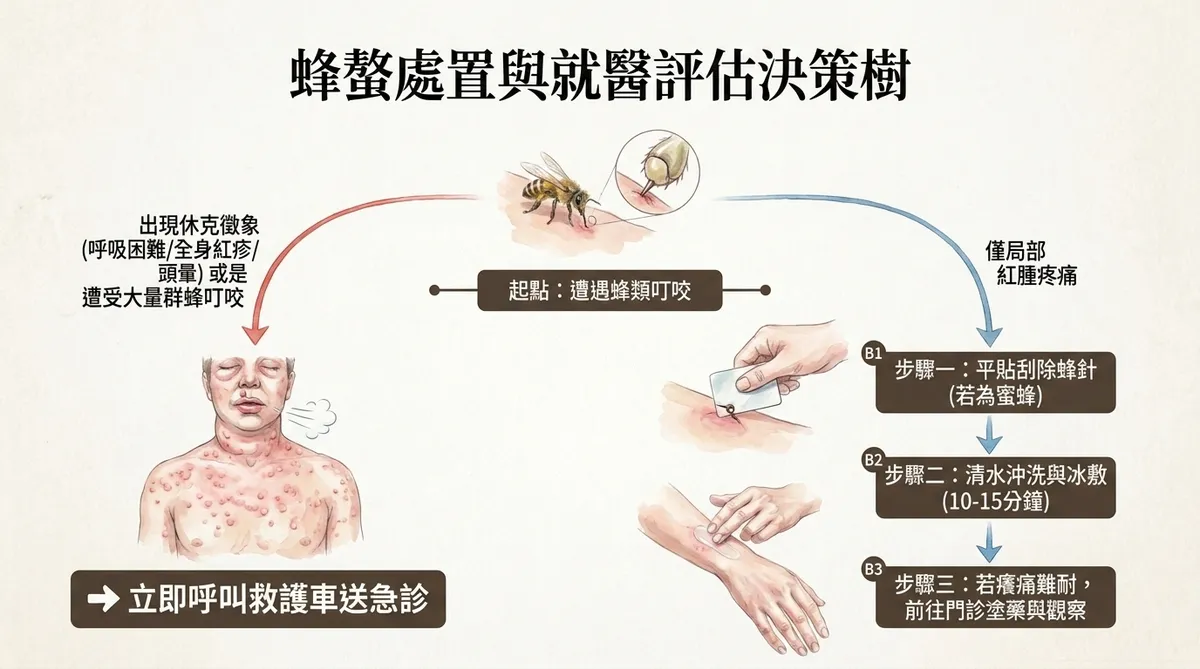蜂螫處置與就醫評估決策樹