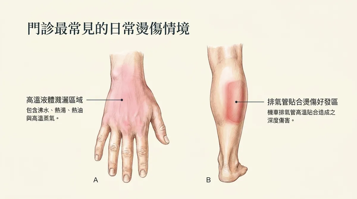 門診最常見的日常燙傷情境：高溫液體濺灑與機車排氣管貼合燙傷