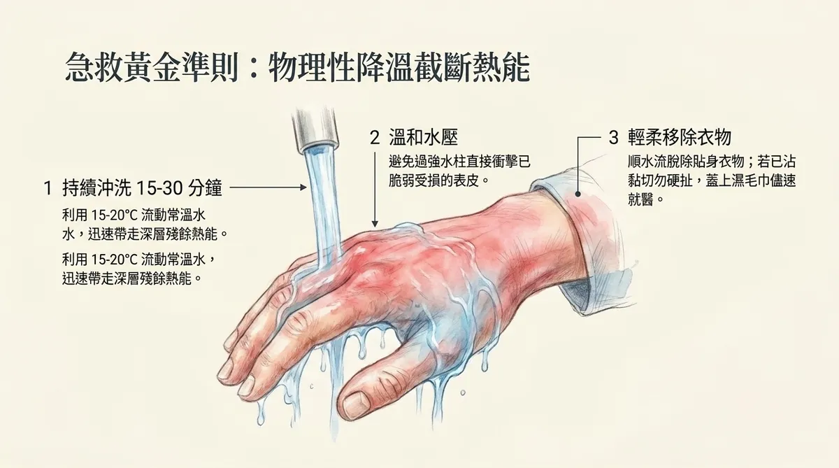 急救黃金準則：流動常溫水沖洗15-30分鐘降溫與正確移除衣物