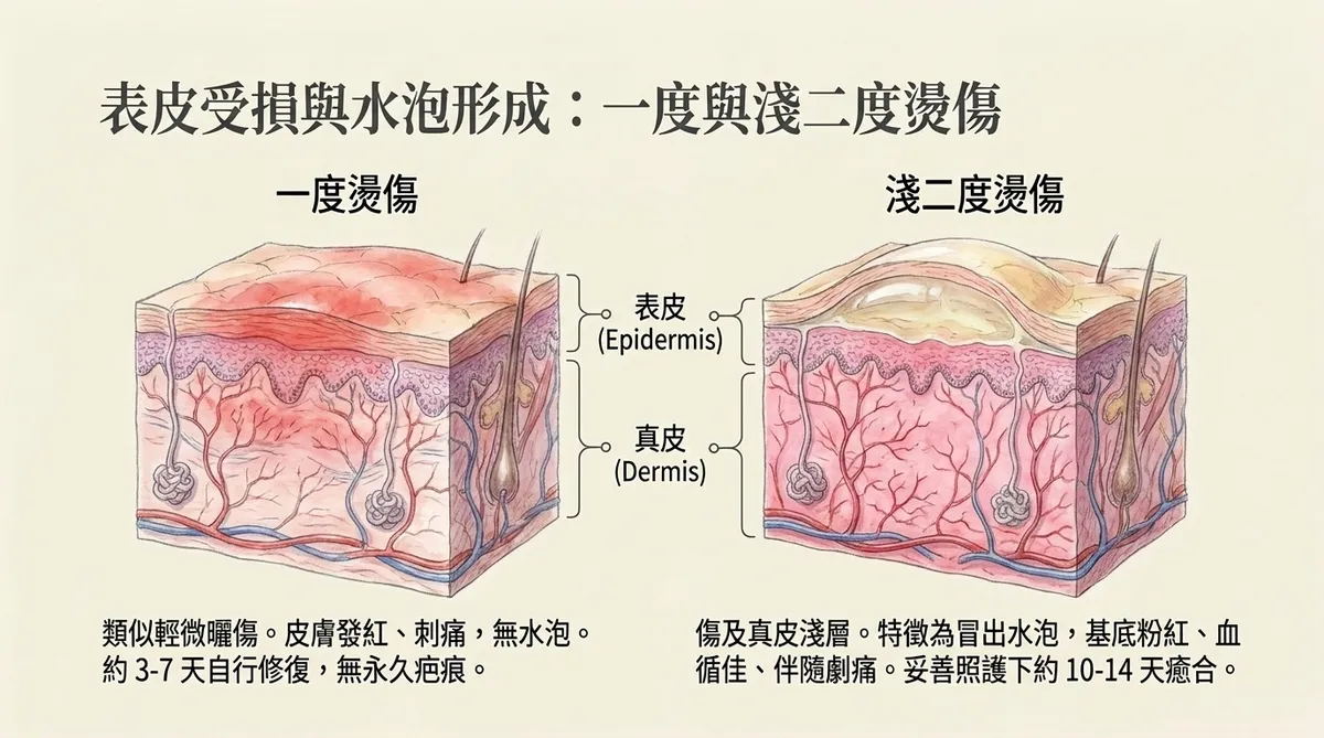 表皮受損與水泡形成：一度與淺二度燙傷特徵與修復天數