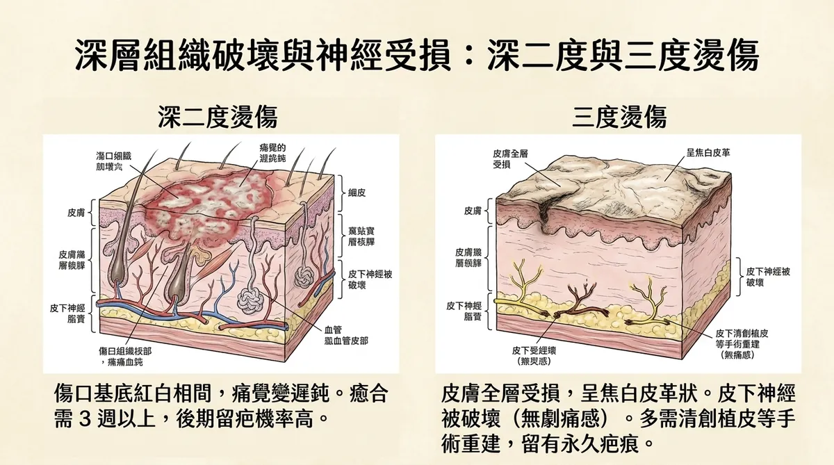 深層組織破壞與神經受損：深二度與三度燙傷特徵與處置