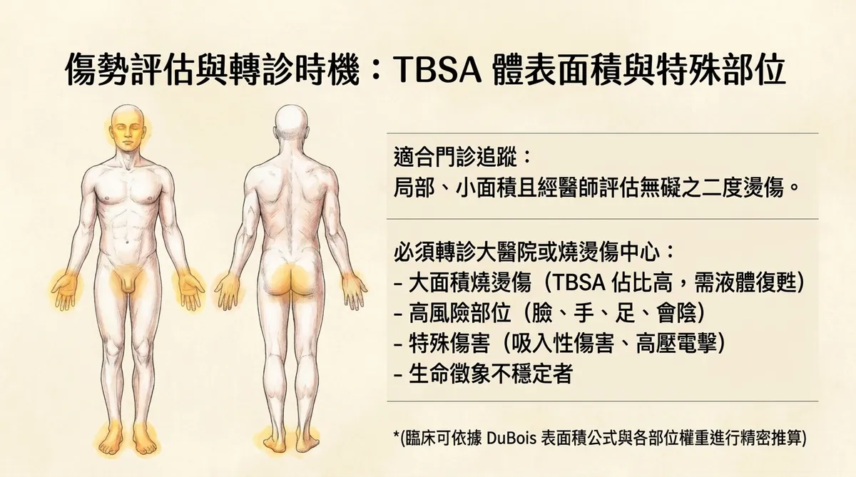 傷勢評估與轉診時機：TBSA 體表面積與特殊高風險部位示意