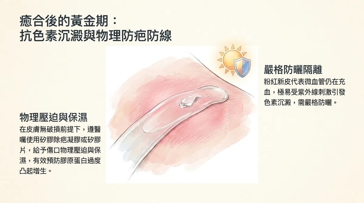 癒合後的黃金期：嚴格防曬與矽膠物理壓迫防疤防線說明