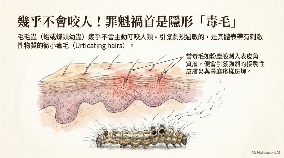 毛毛蟲微小毒毛刺入皮膚表皮角質層之致病機制示意圖