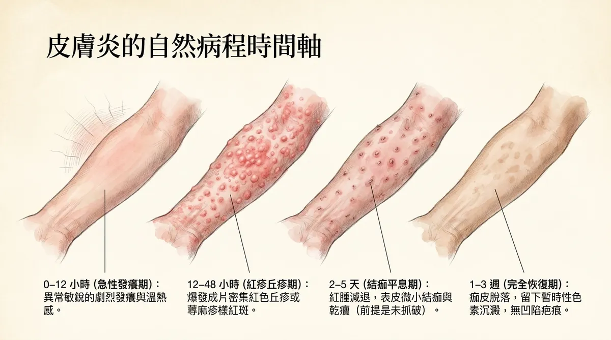 毛毛蟲皮膚炎復原過程示意圖