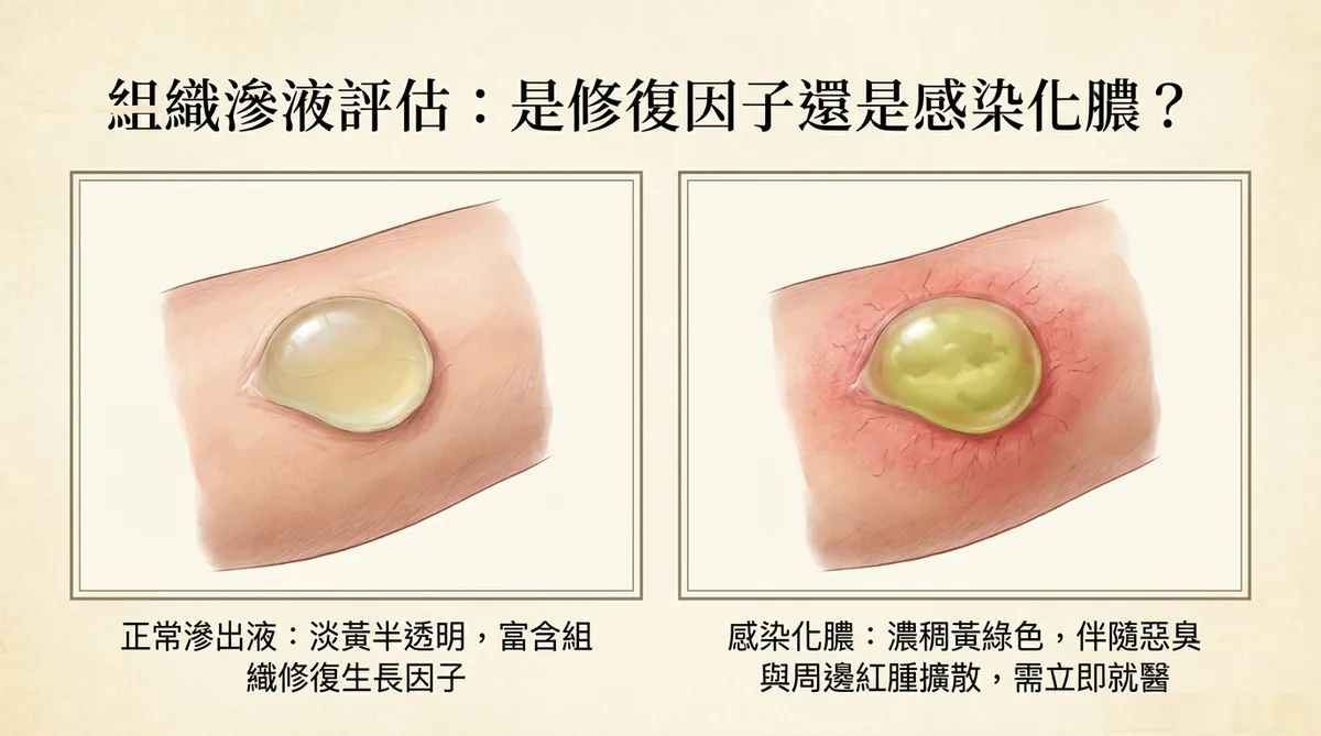 組織滲液評估:正常淡黃半透明滲出液 vs 濃稠黃綠色感染化膿對比