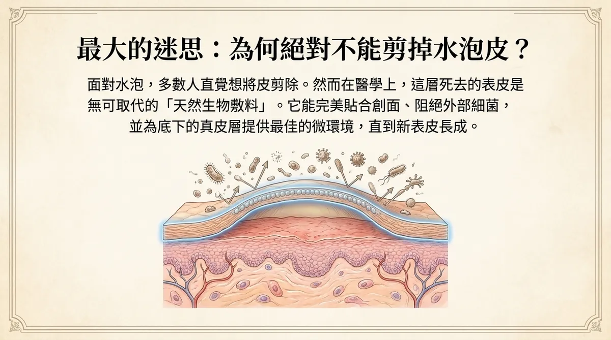 最大的迷思：為何絕對不能剪掉水泡皮？天然生物敷料保護原理