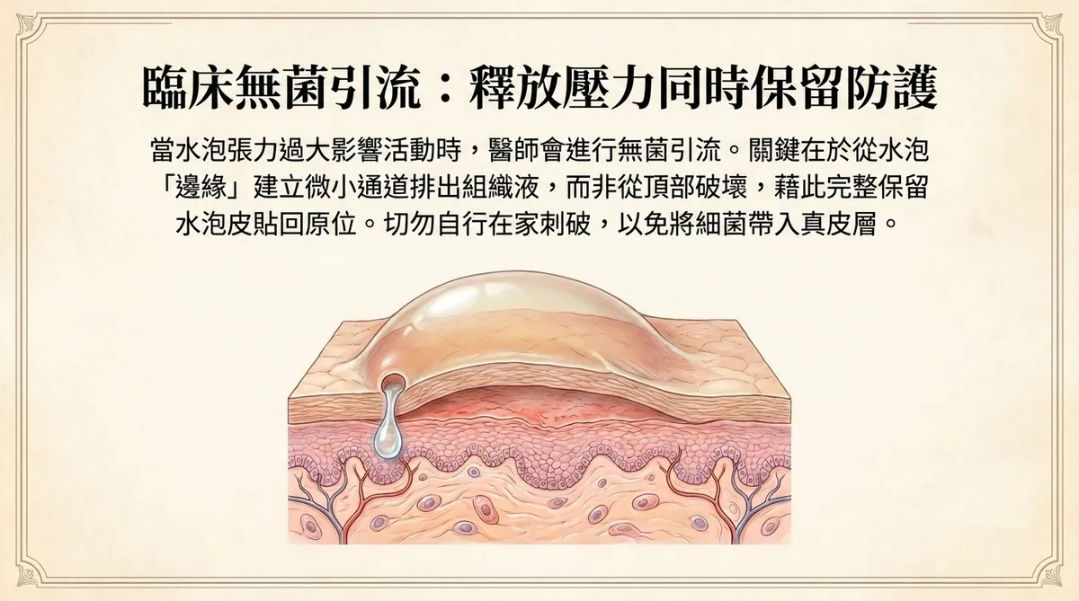 臨床無菌引流:從水泡邊緣建立微小通道釋放壓力同時保留防護