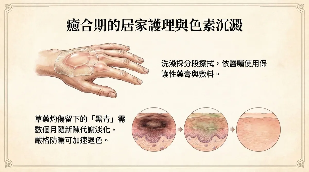 癒合期的居家護理與草藥灼傷黑青色素沉澱退色過程